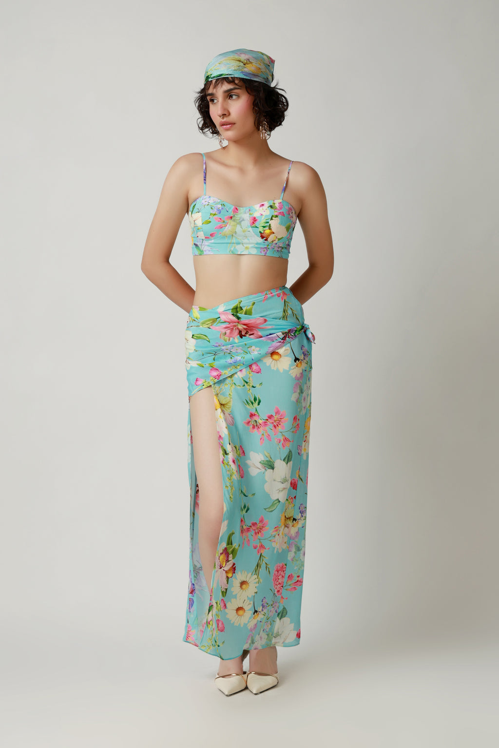 Aqua Floral Draped Co-Ord Set