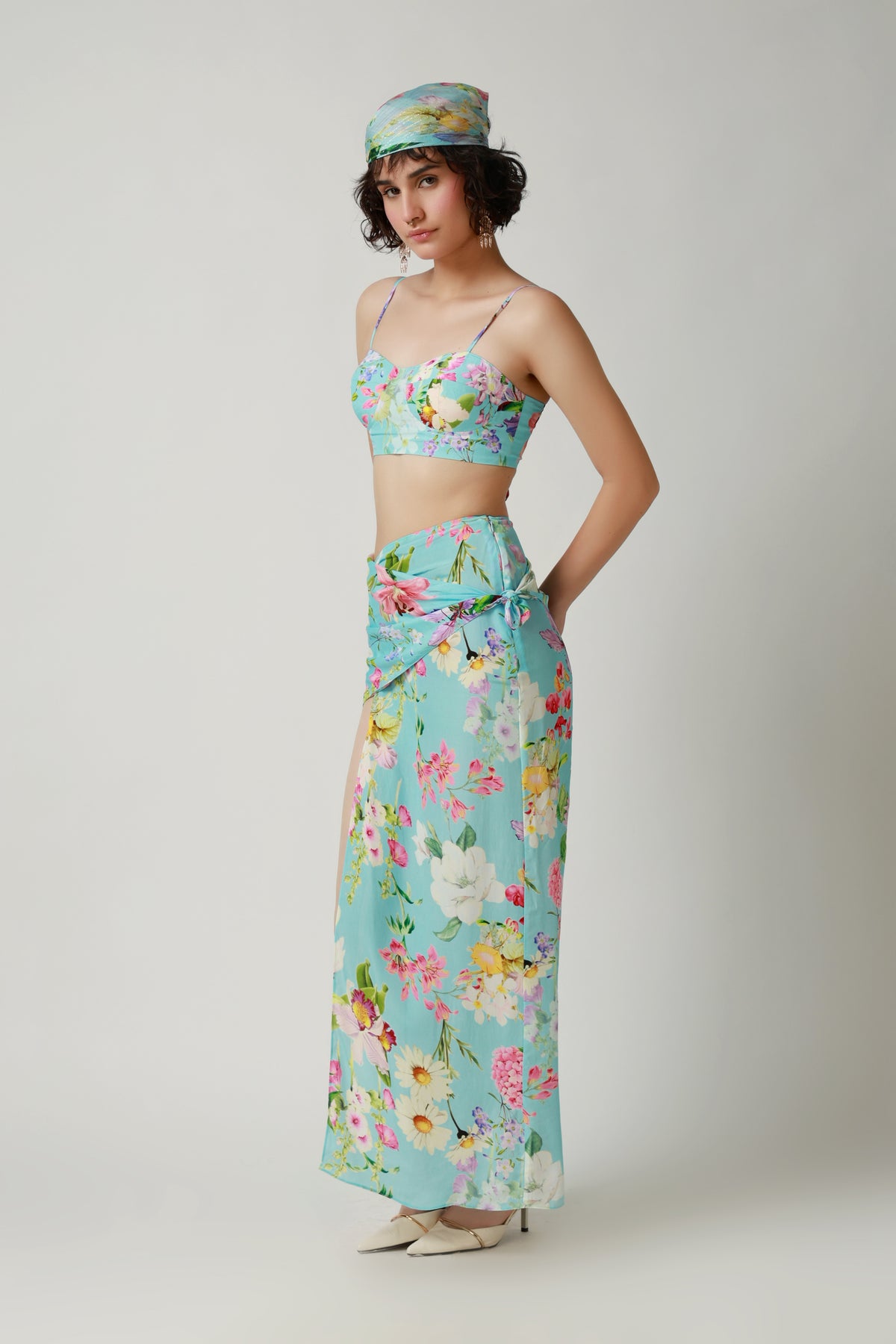 Aqua Floral Draped Co-Ord Set
