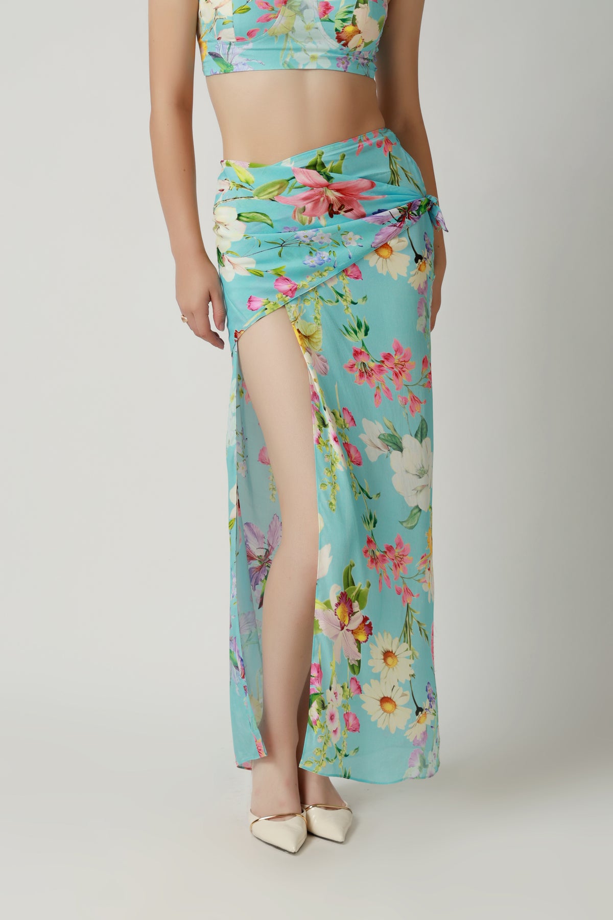 Aqua Floral Draped Co-Ord Set