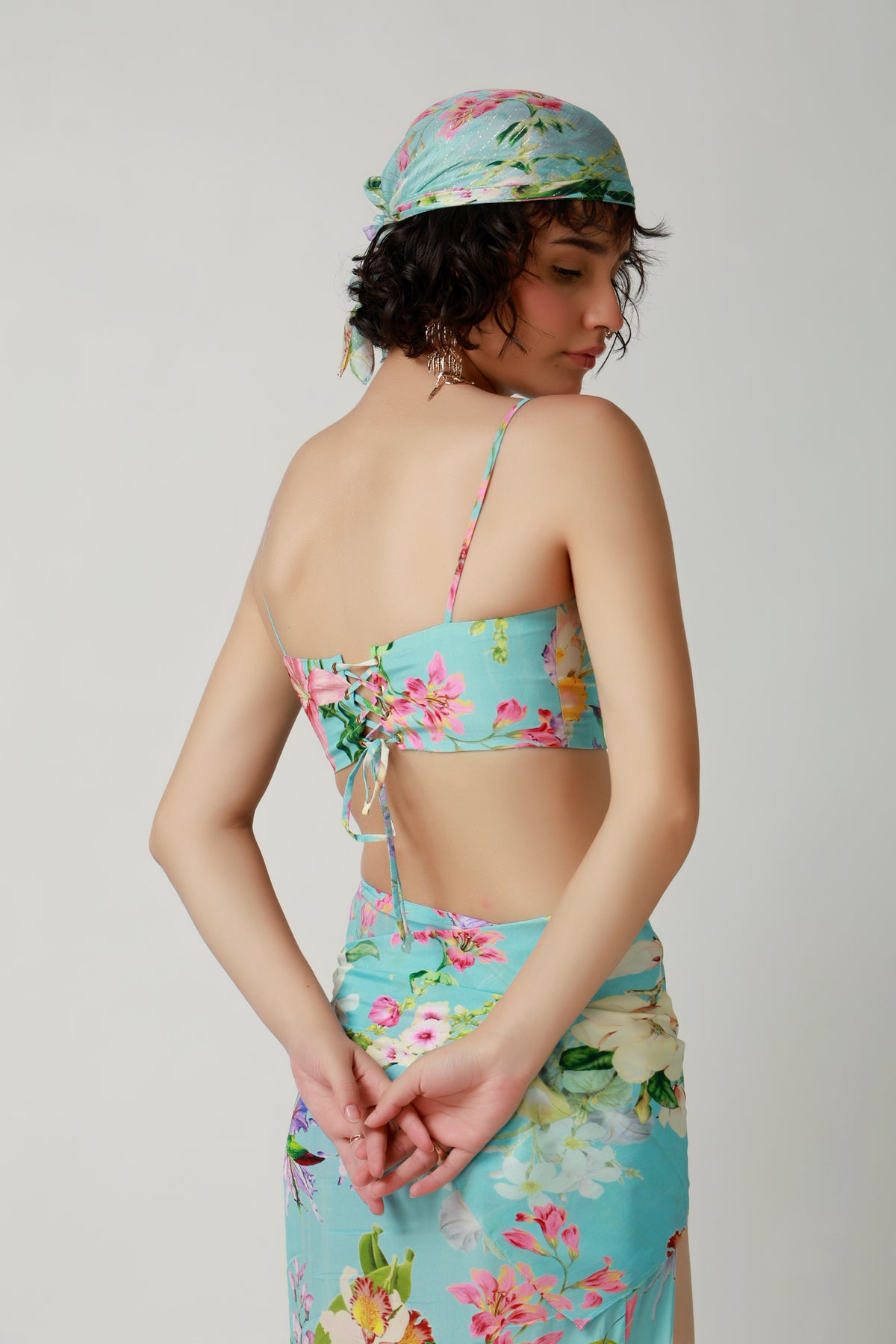 Aqua Floral Draped Co-Ord Set