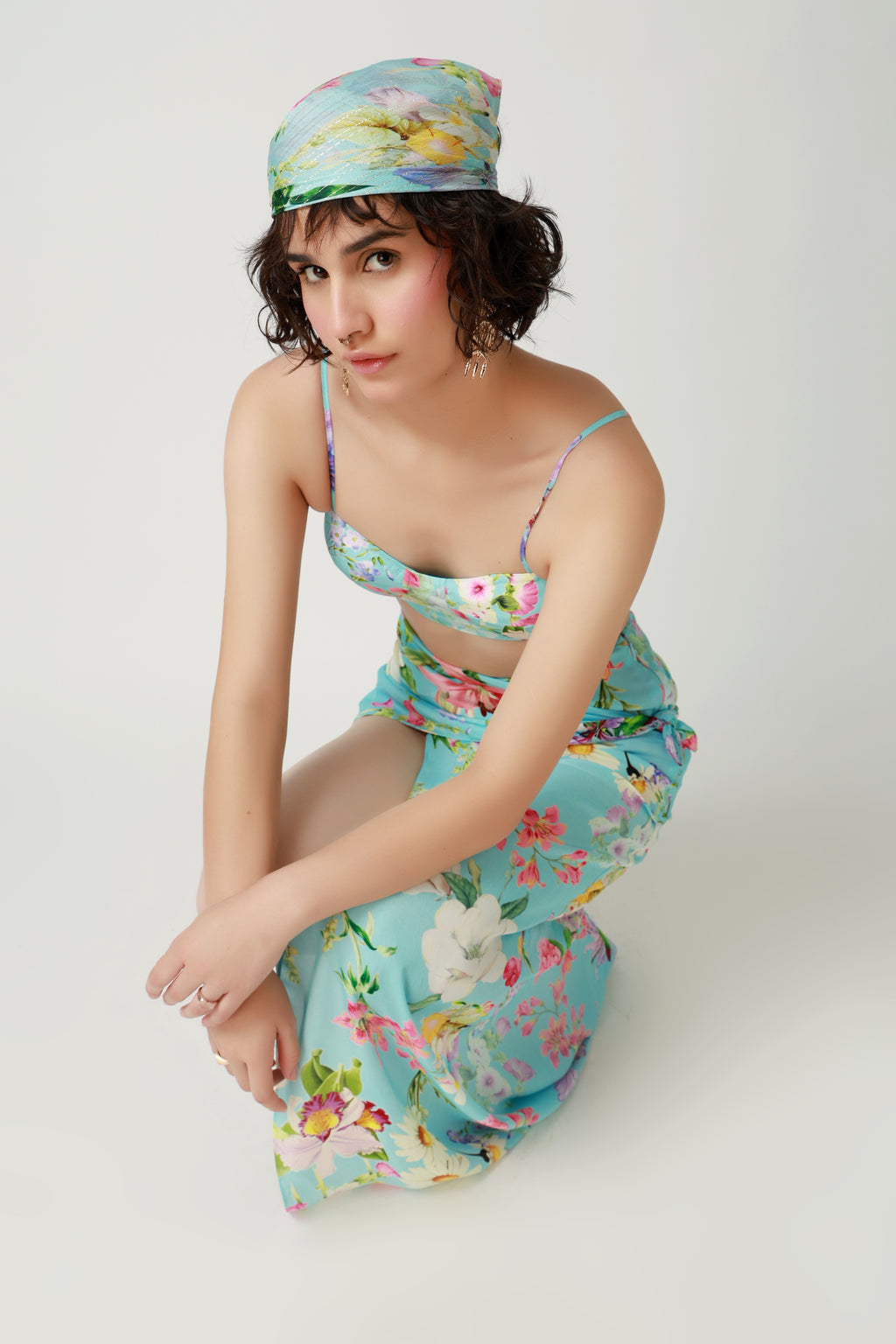 Aqua Floral Draped Co-Ord Set