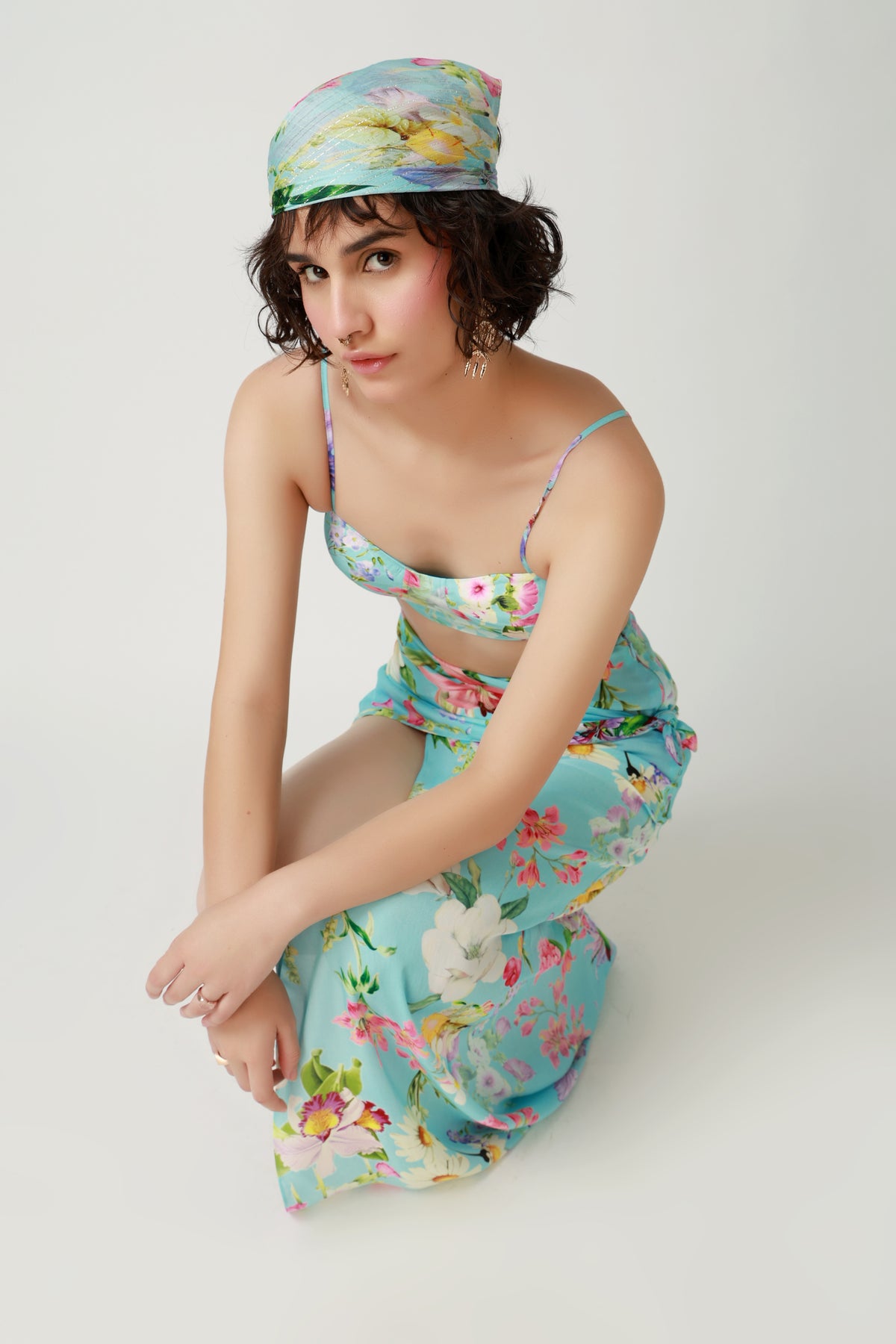 Aqua Floral Draped Co-Ord Set