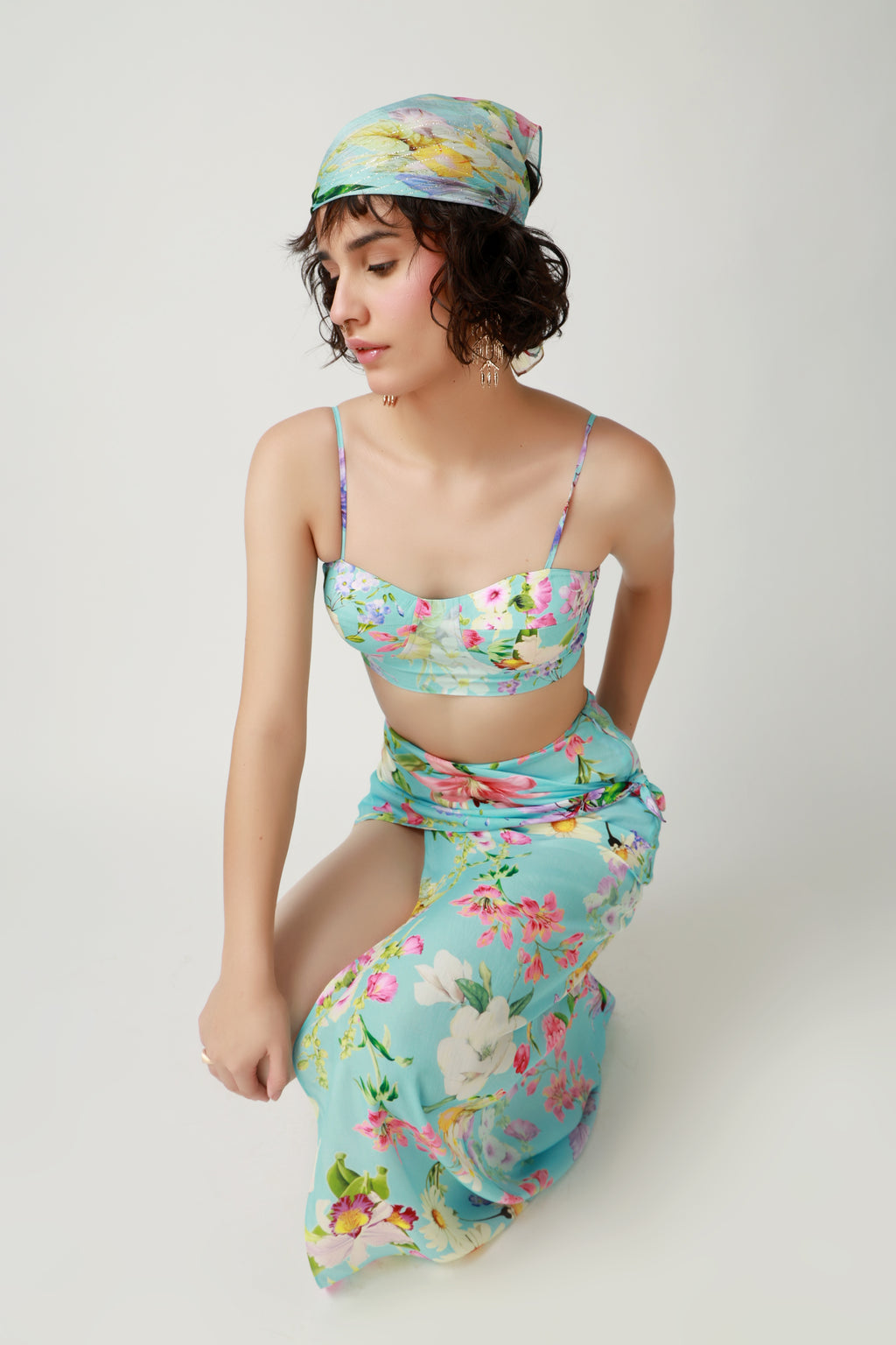 Aqua Floral Draped Co-Ord Set