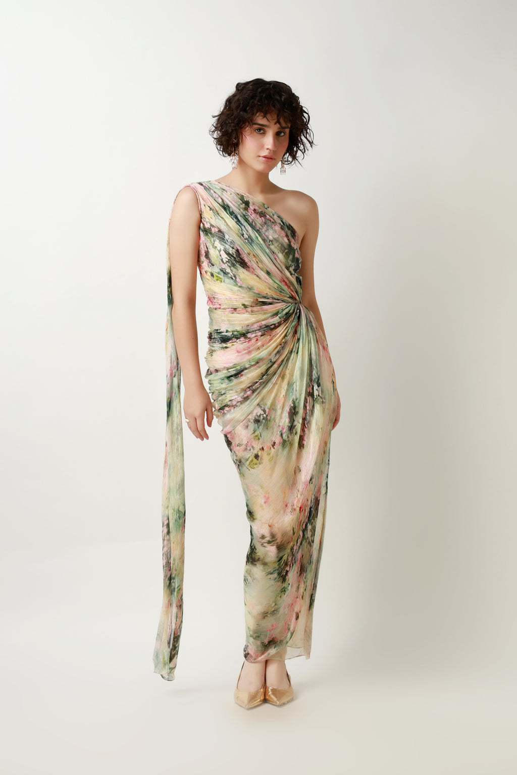 Botanical Draped One-Shoulder Gown