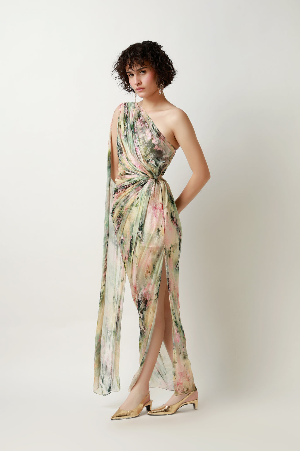 Botanical Draped One-Shoulder Gown