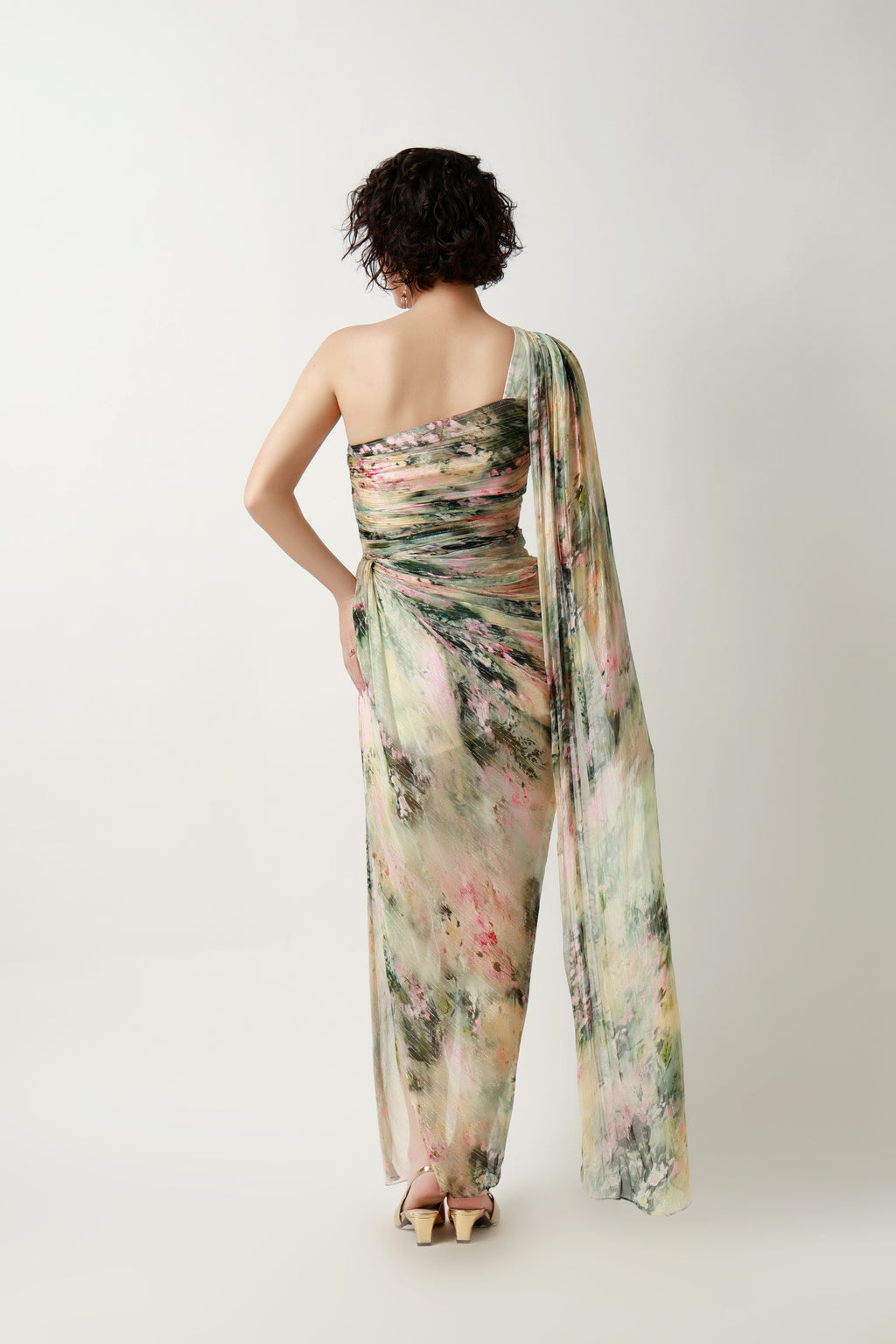 Botanical Draped One-Shoulder Gown