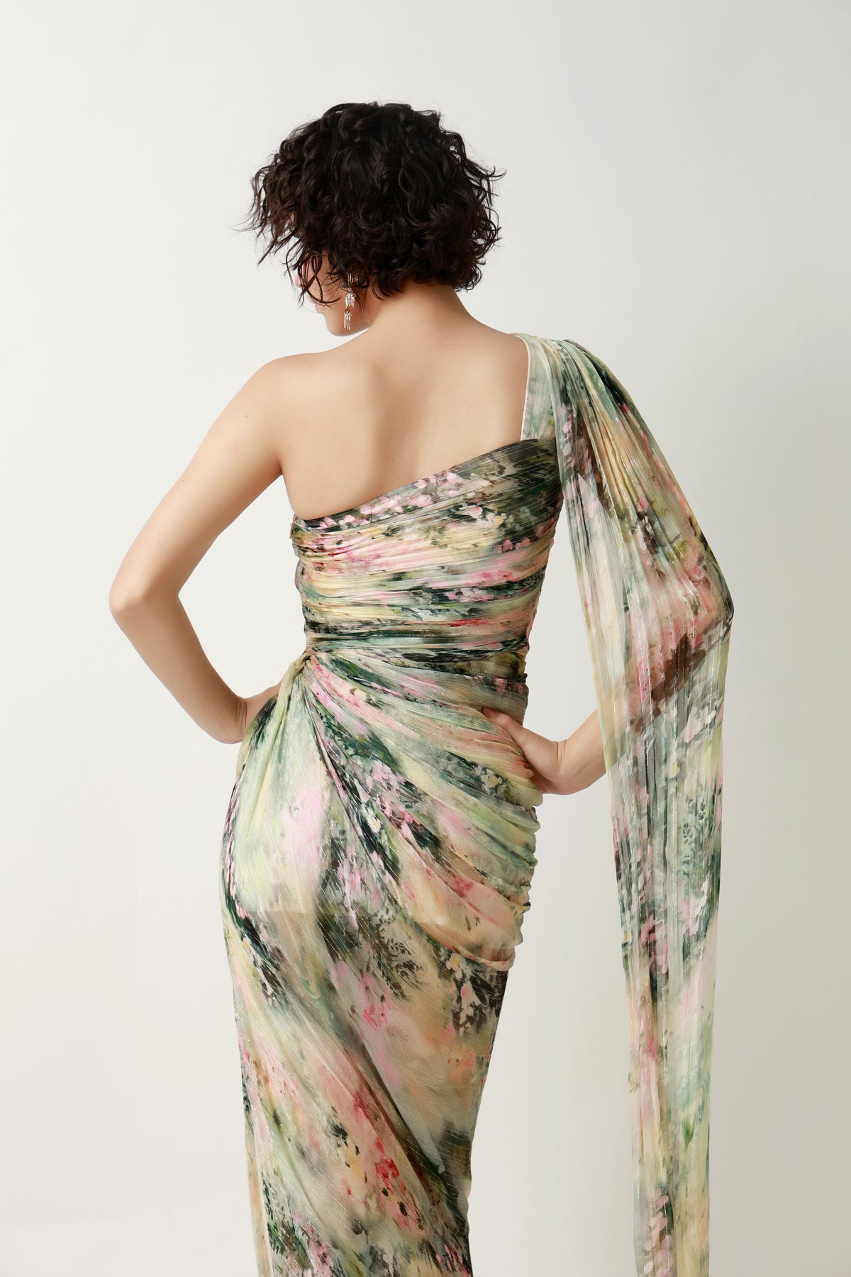 Botanical Draped One-Shoulder Gown