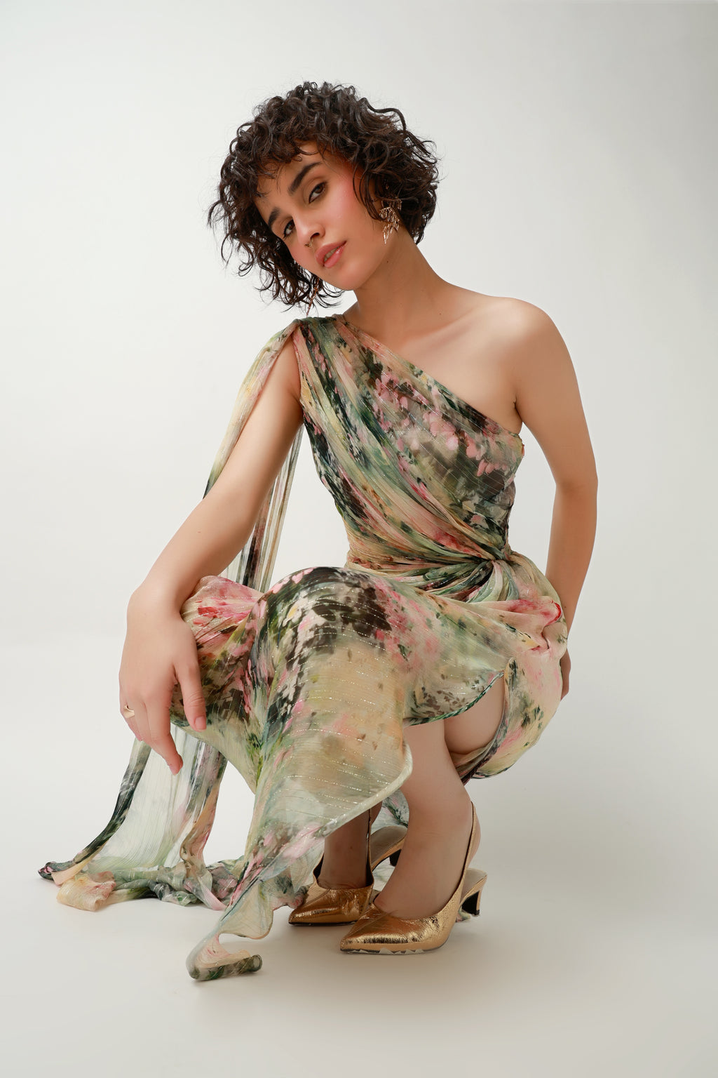 Botanical Draped One-Shoulder Gown
