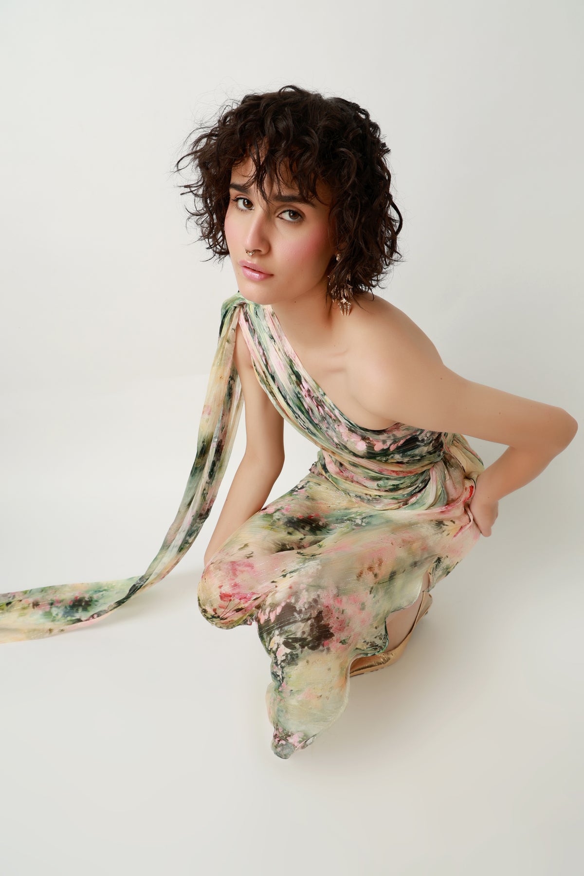 Botanical Draped One-Shoulder Gown
