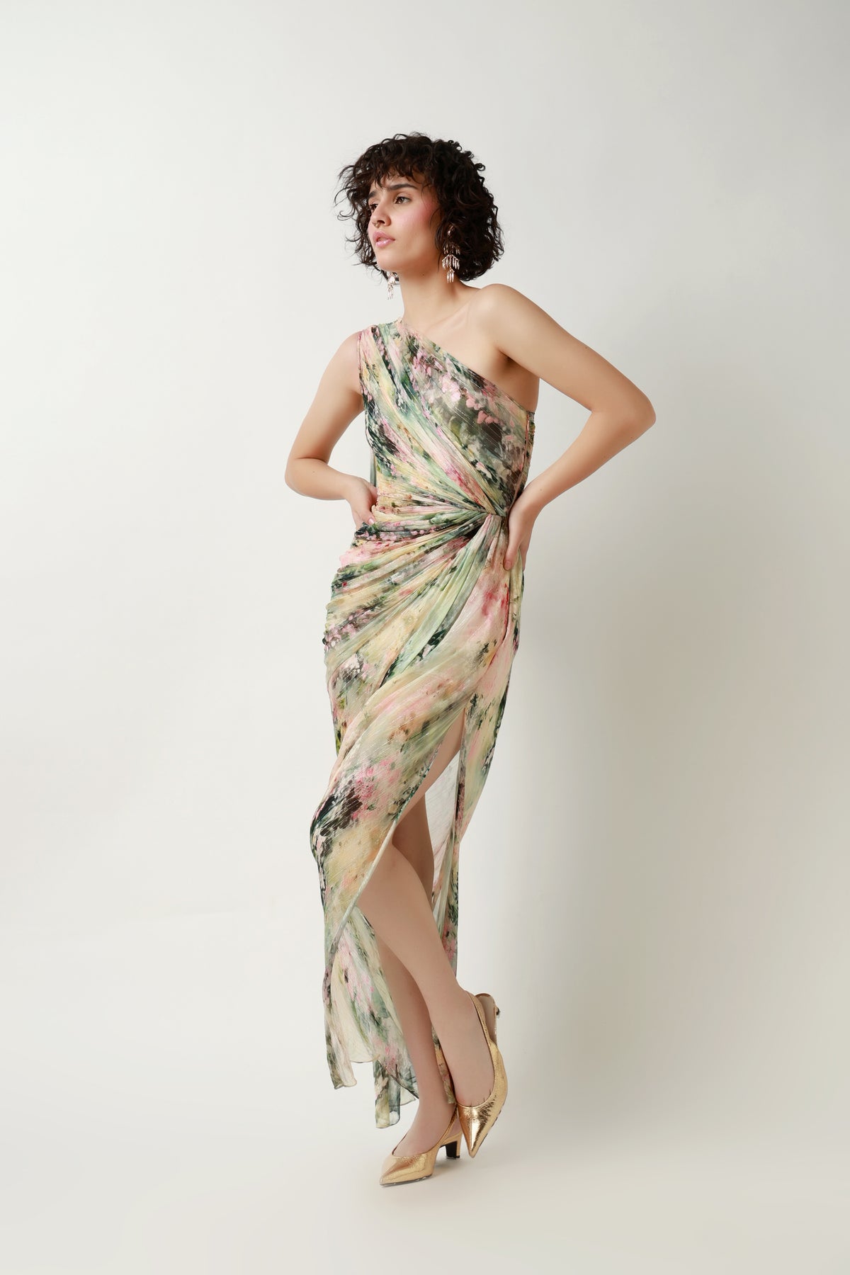 Botanical Draped One-Shoulder Gown
