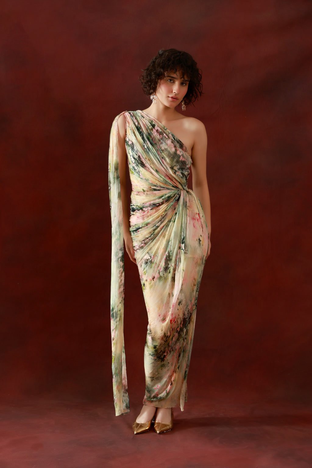 Botanical Draped One-Shoulder Gown