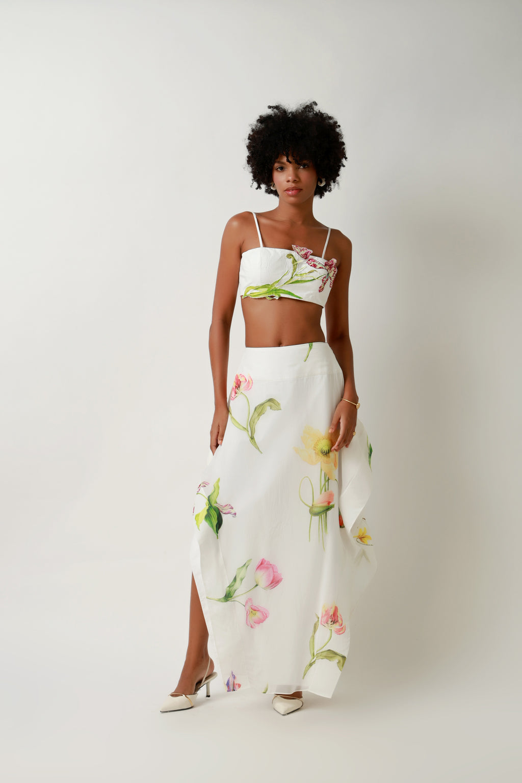 Ivory Botanical Draped Crop Top & Maxi Skirt Set