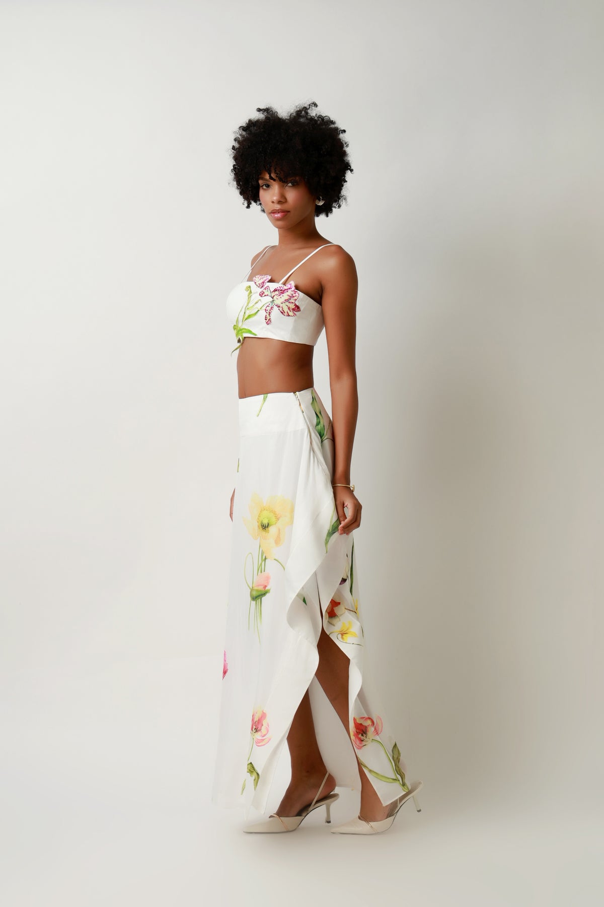 Ivory Botanical Draped Crop Top & Maxi Skirt Set
