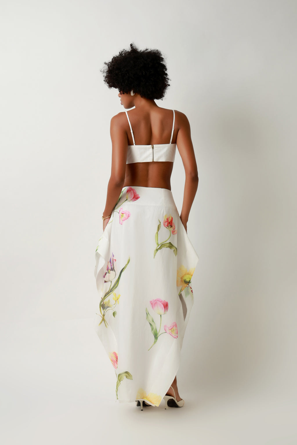 Ivory Botanical Draped Crop Top & Maxi Skirt Set
