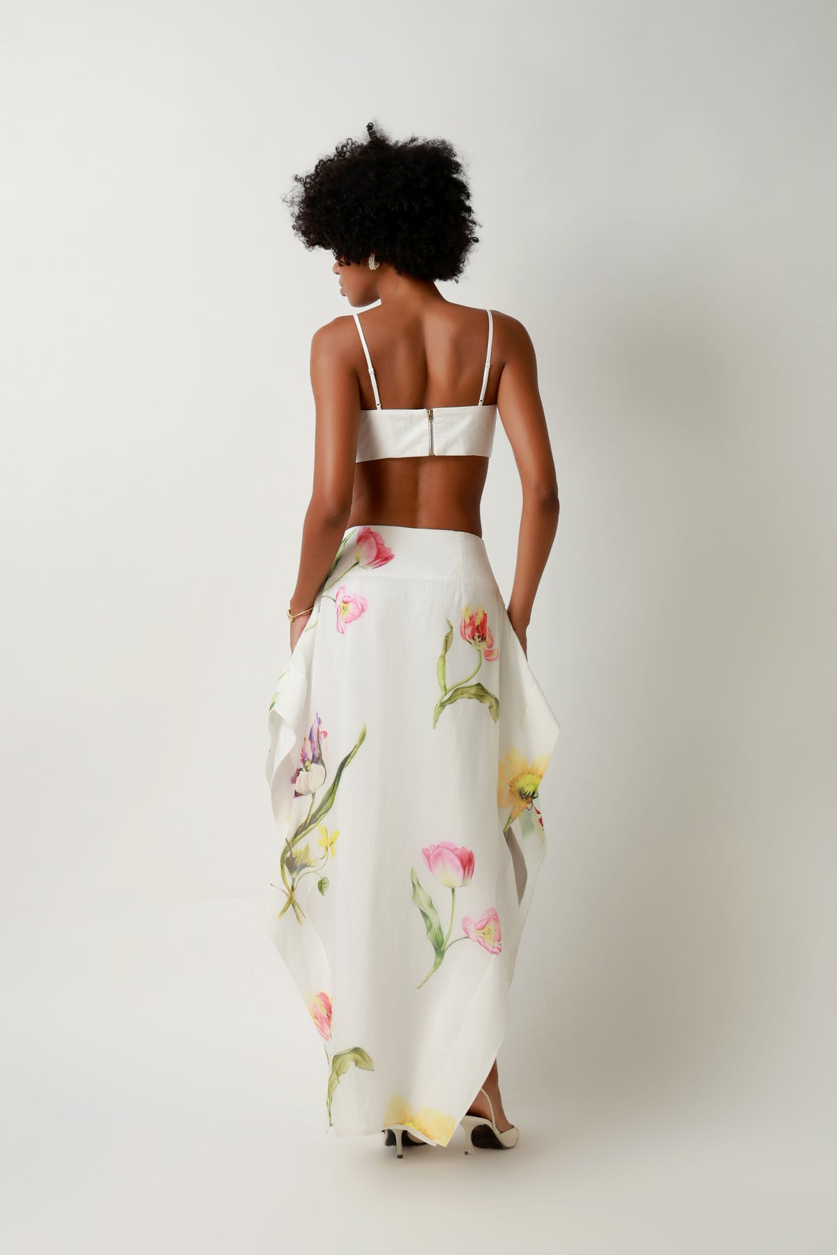 Ivory Botanical Draped Crop Top & Maxi Skirt Set