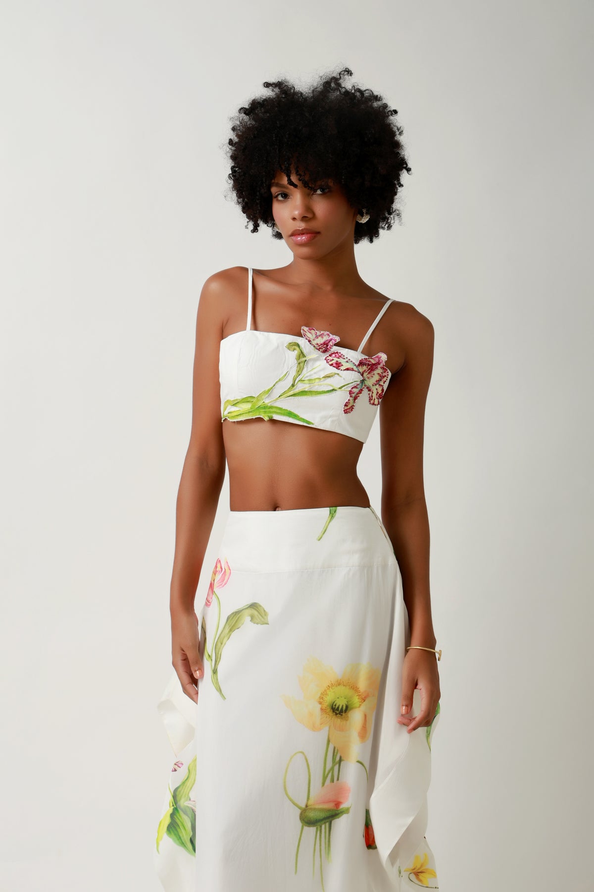 Ivory Botanical Draped Crop Top & Maxi Skirt Set