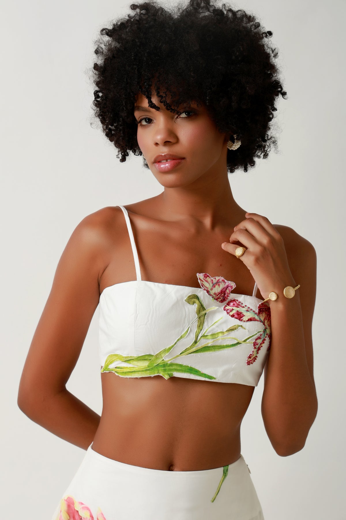 Ivory Botanical Draped Crop Top & Maxi Skirt Set