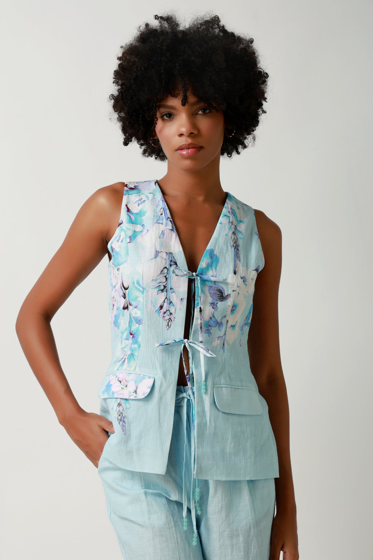 Seafoam Tie-Front Vest & Wide-Leg Trouser Set