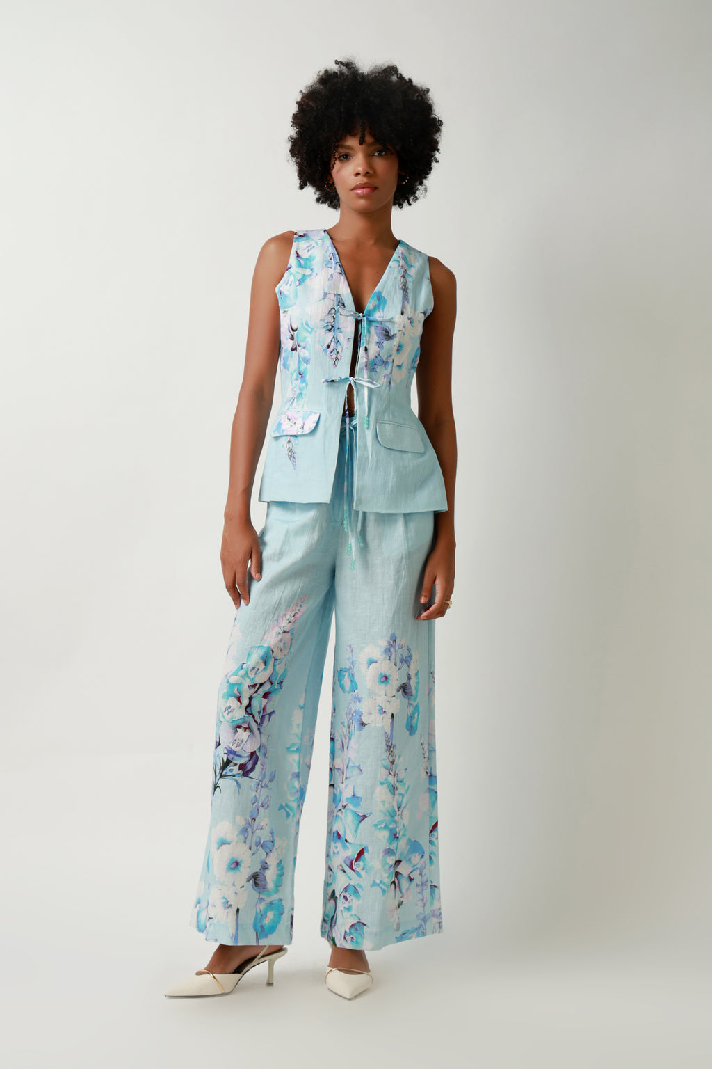 Seafoam Tie-Front Vest & Wide-Leg Trouser Set