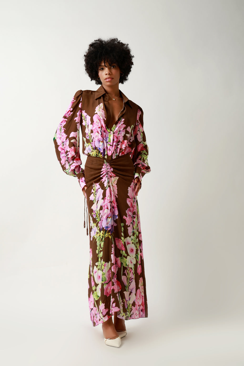 Petal Noir Ruched Floral Maxi Dress