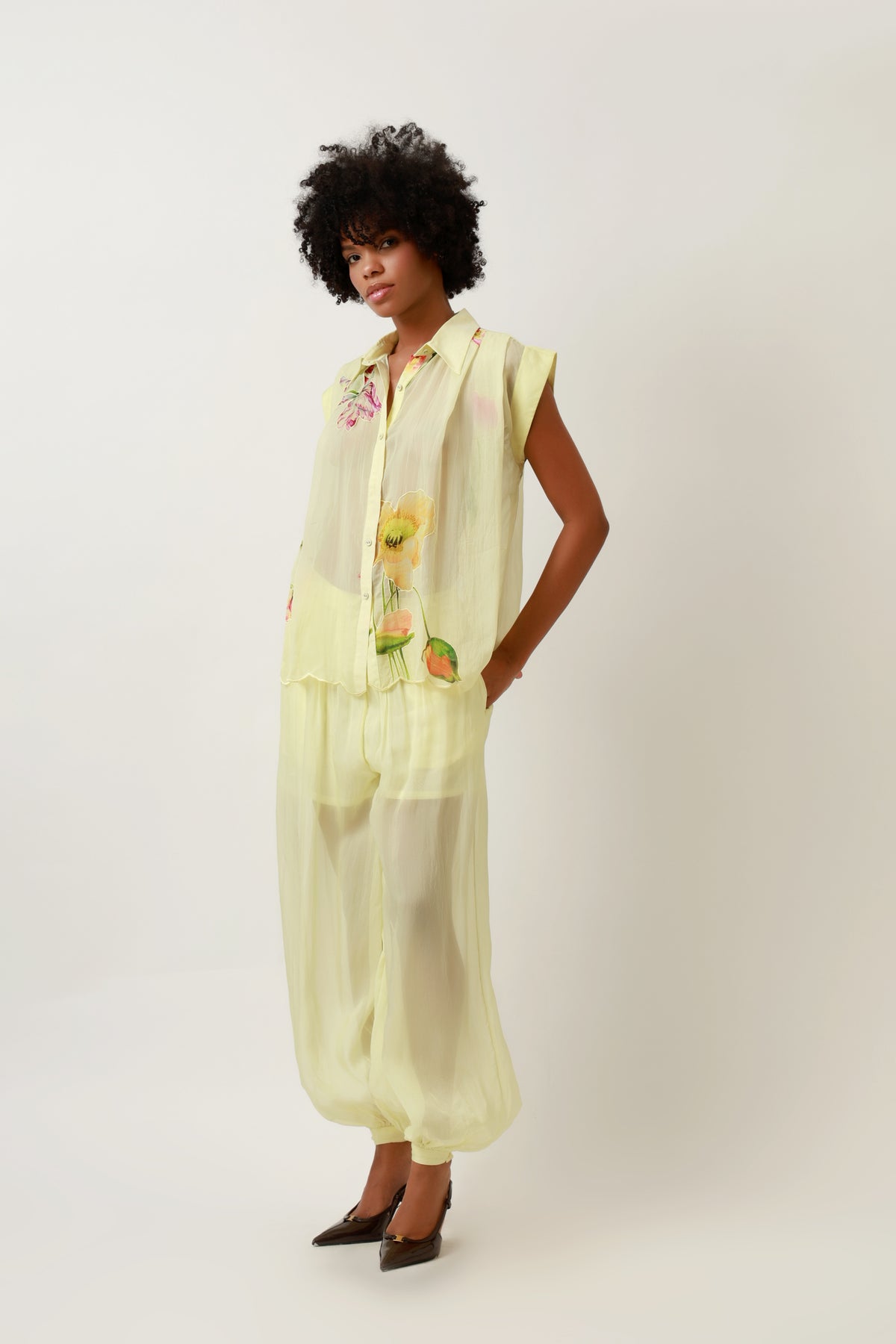 Lemon Bloom Sheer Shirt & Harem Trouser Set