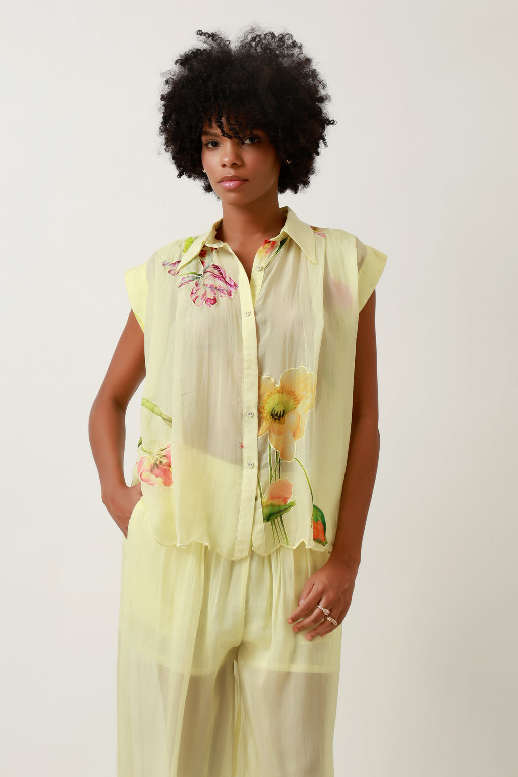 Lemon Bloom Sheer Shirt & Harem Trouser Set