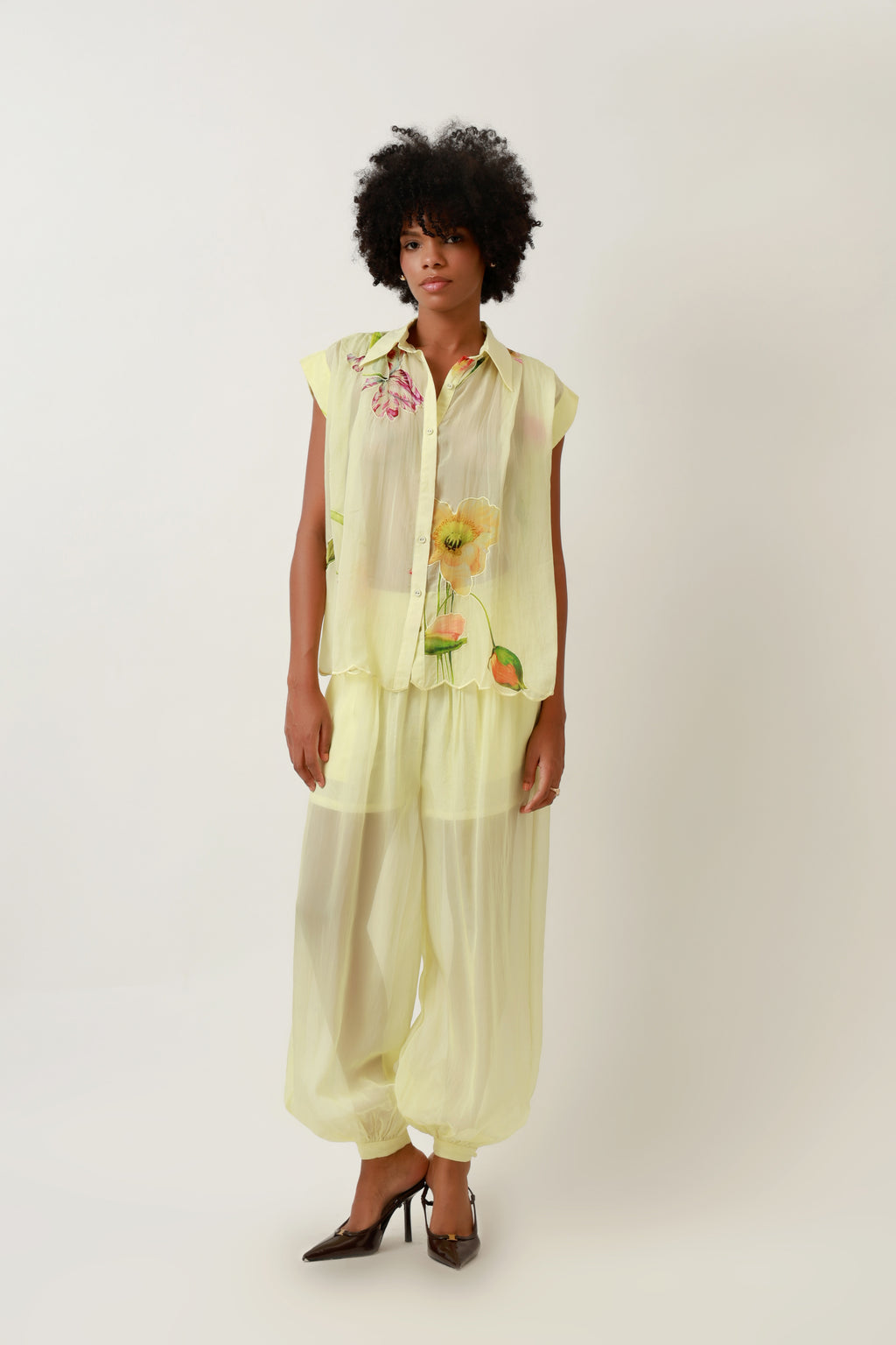 Lemon Bloom Sheer Shirt & Harem Trouser Set