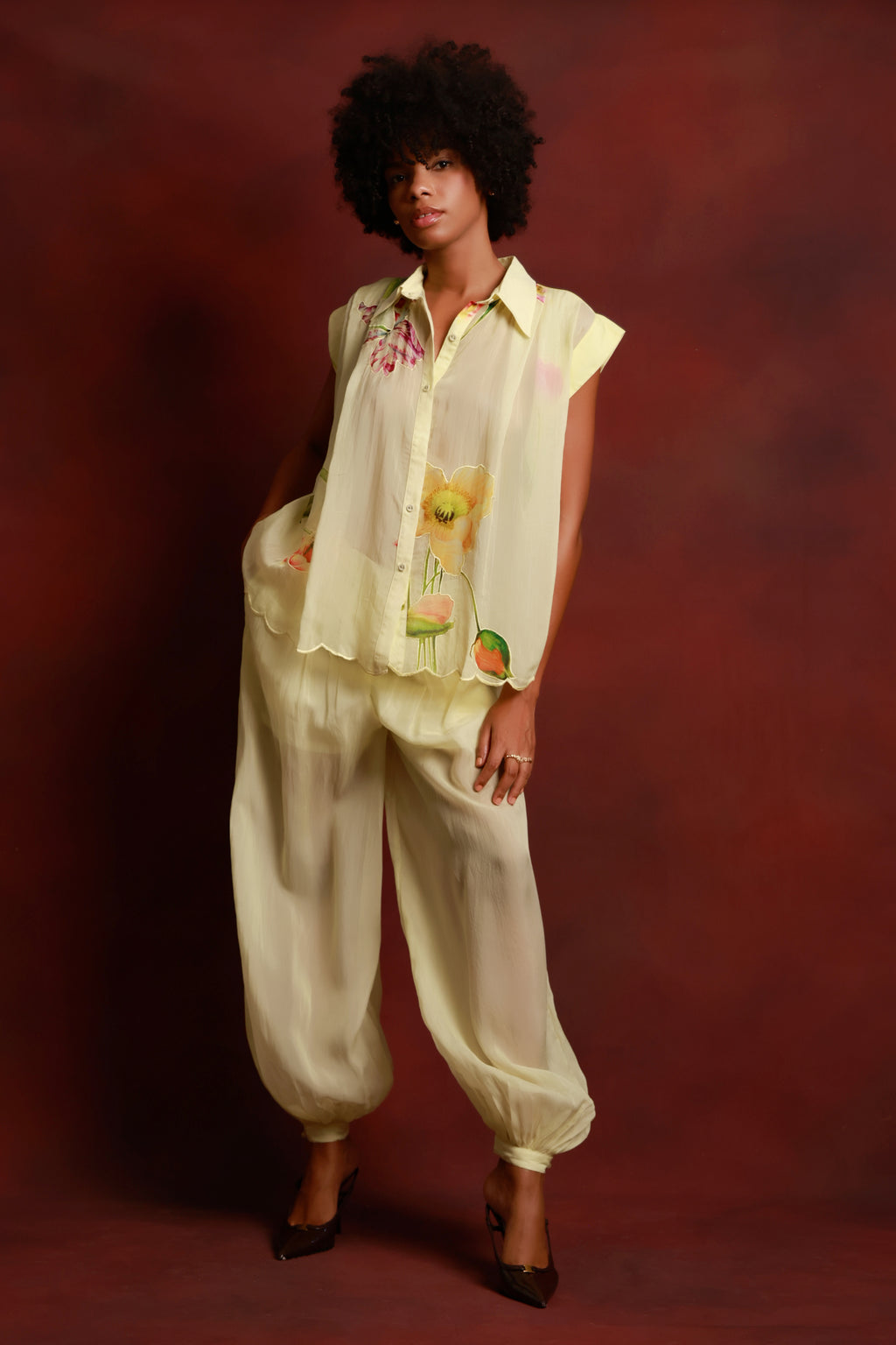 Lemon Bloom Sheer Shirt & Harem Trouser Set