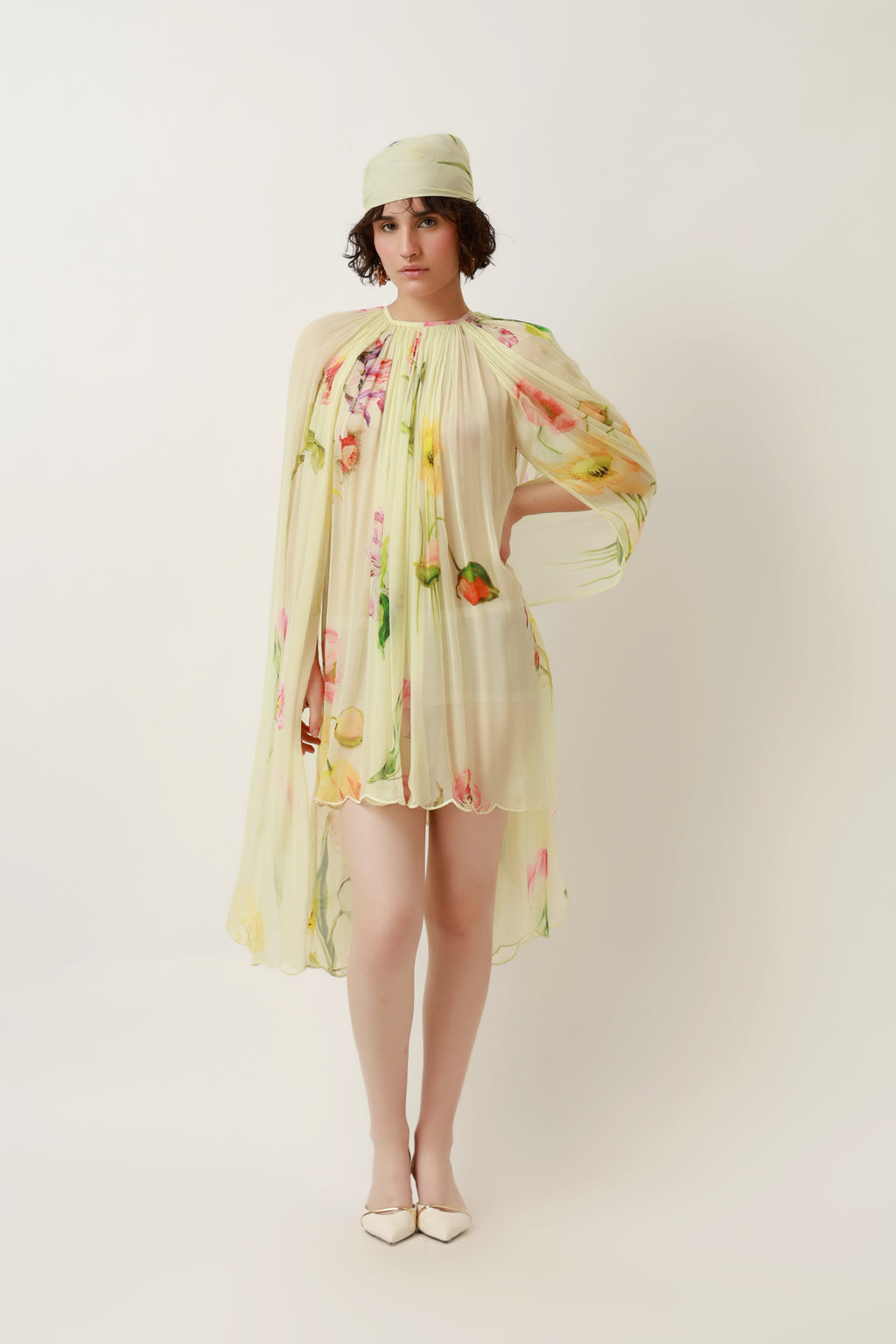 Lemon Bloom Draped Cape Dress