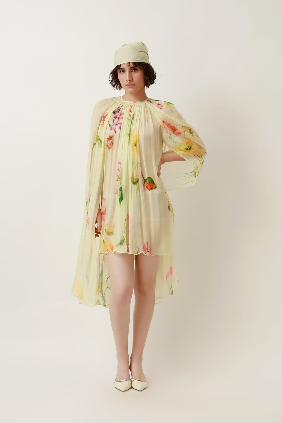 Lemon Bloom Draped Cape Dress