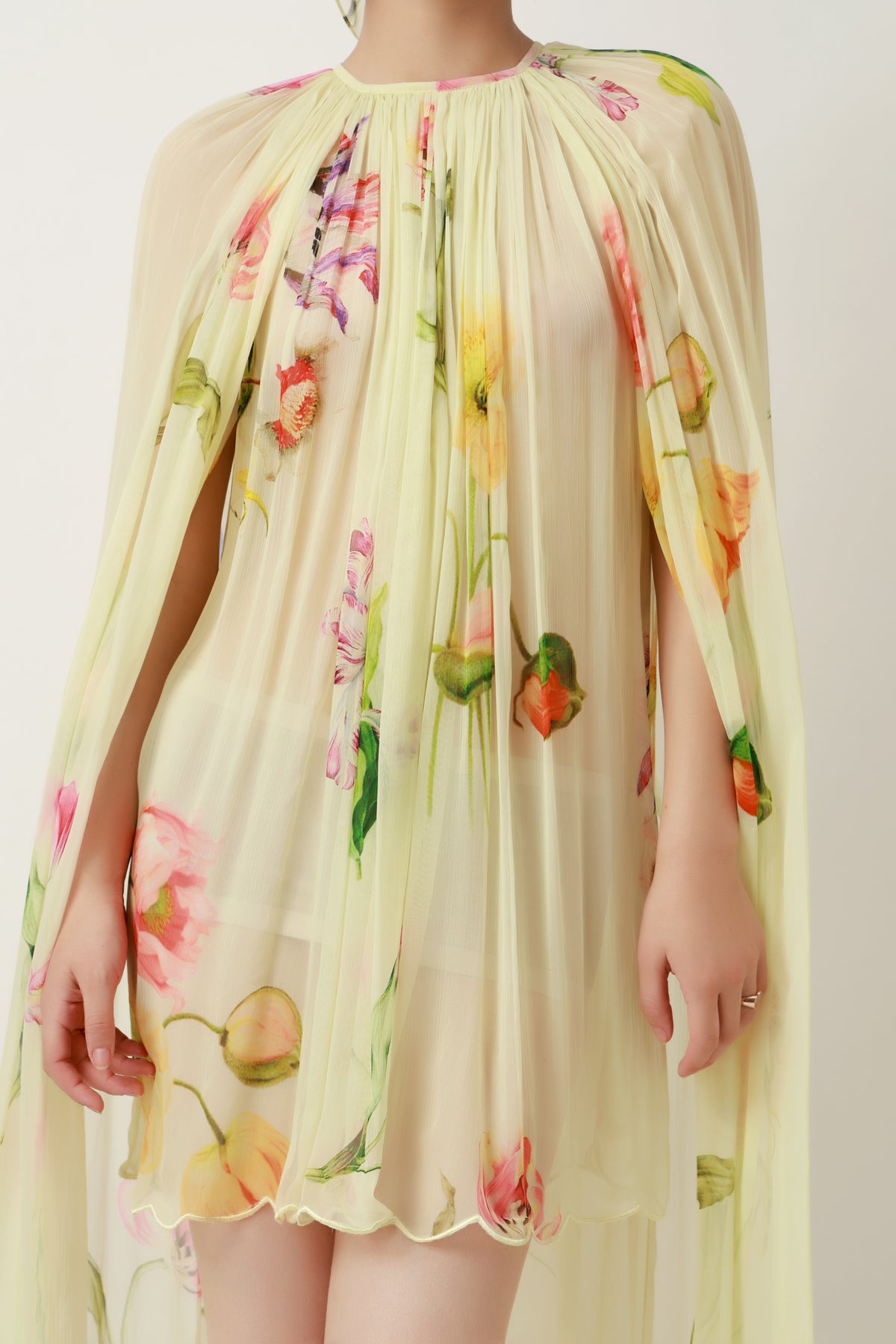 Lemon Bloom Draped Cape Dress