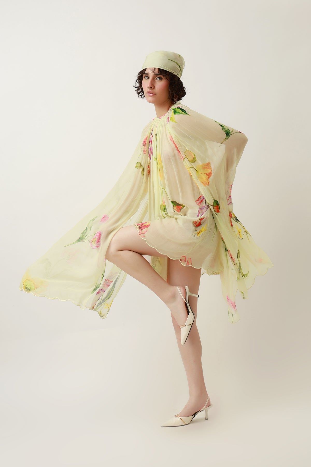 Lemon Bloom Draped Cape Dress